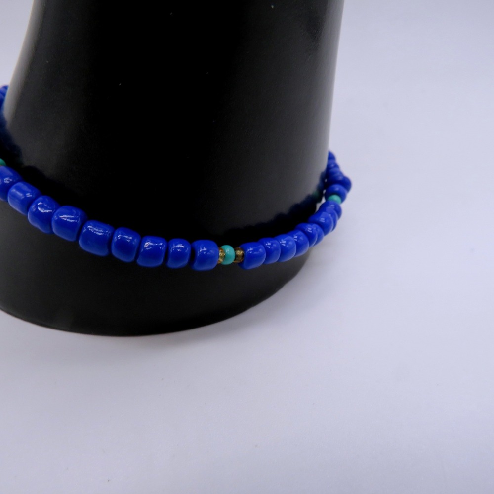 Cobalt Blue Seed Bead Bracelet Turquoise Accents Gold Tone Lobster Clasp Boho